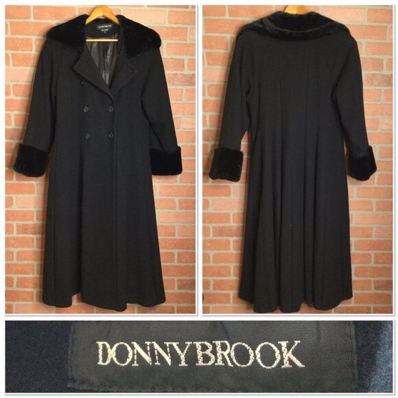 Vintage Donnybrook Long Black Wool Coat Faux Fur Trim Double-Breasted Size 14